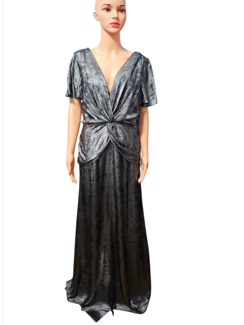 Aidan Mattox Flutter Sleeve Black Metallic Silver Formal Evening Gown Sz 12